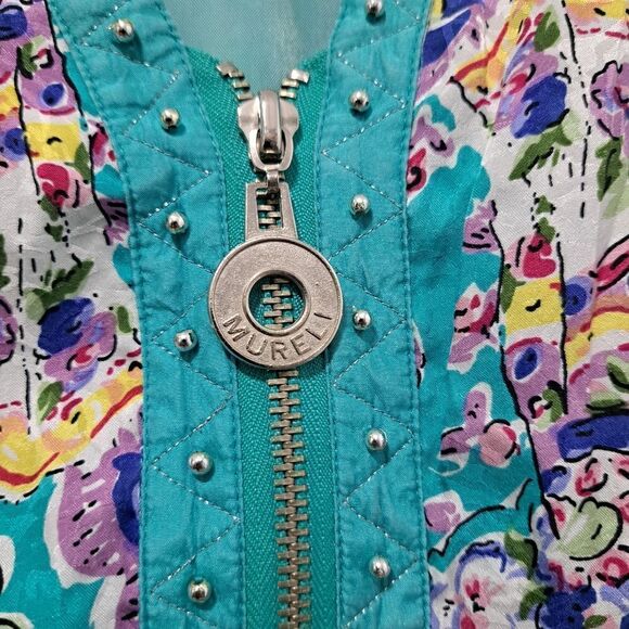 Vintage Mureli Floral Print Silk Studded Zip-Up Oversized Lightweight Jacket Sm - Picture 16 of 17